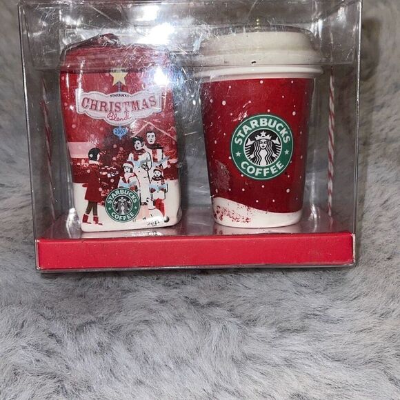 2007 Starbucks boxed Ornament Set Holiday Hot Cup & Christmas Blend Coffee Minia - Picture 3 of 7